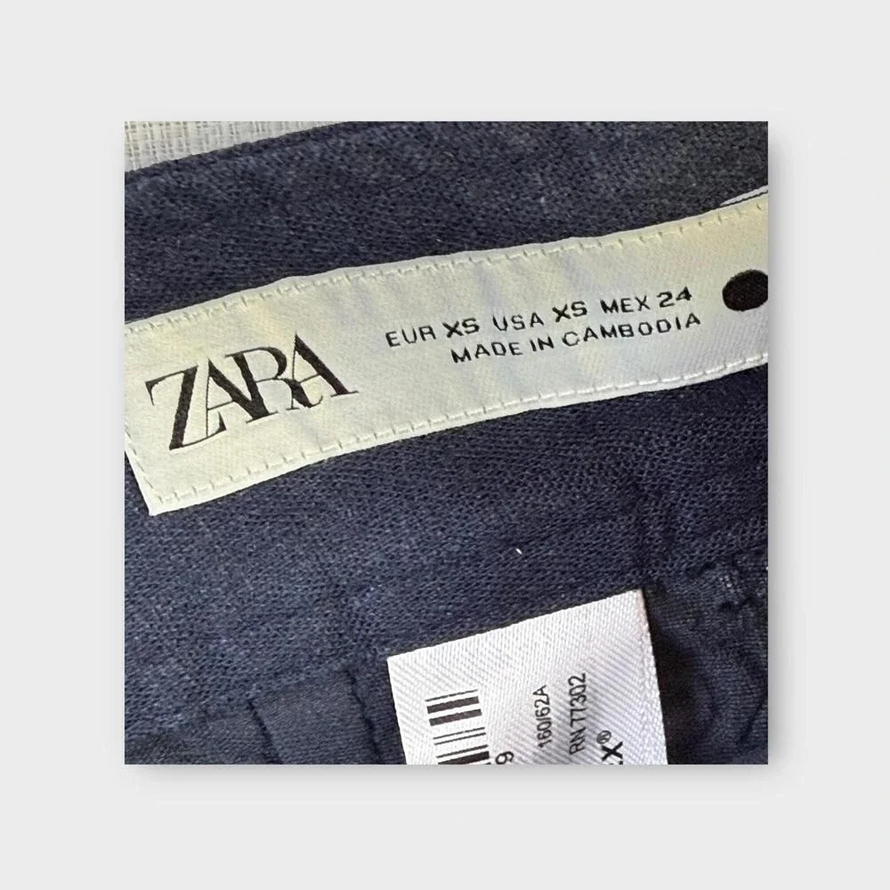 ZARA‎ WOMAN HIGH-WAIST WIDE-LEG EMBROIDERED CULOTTES PANT NAVY BLUE  S XS 28